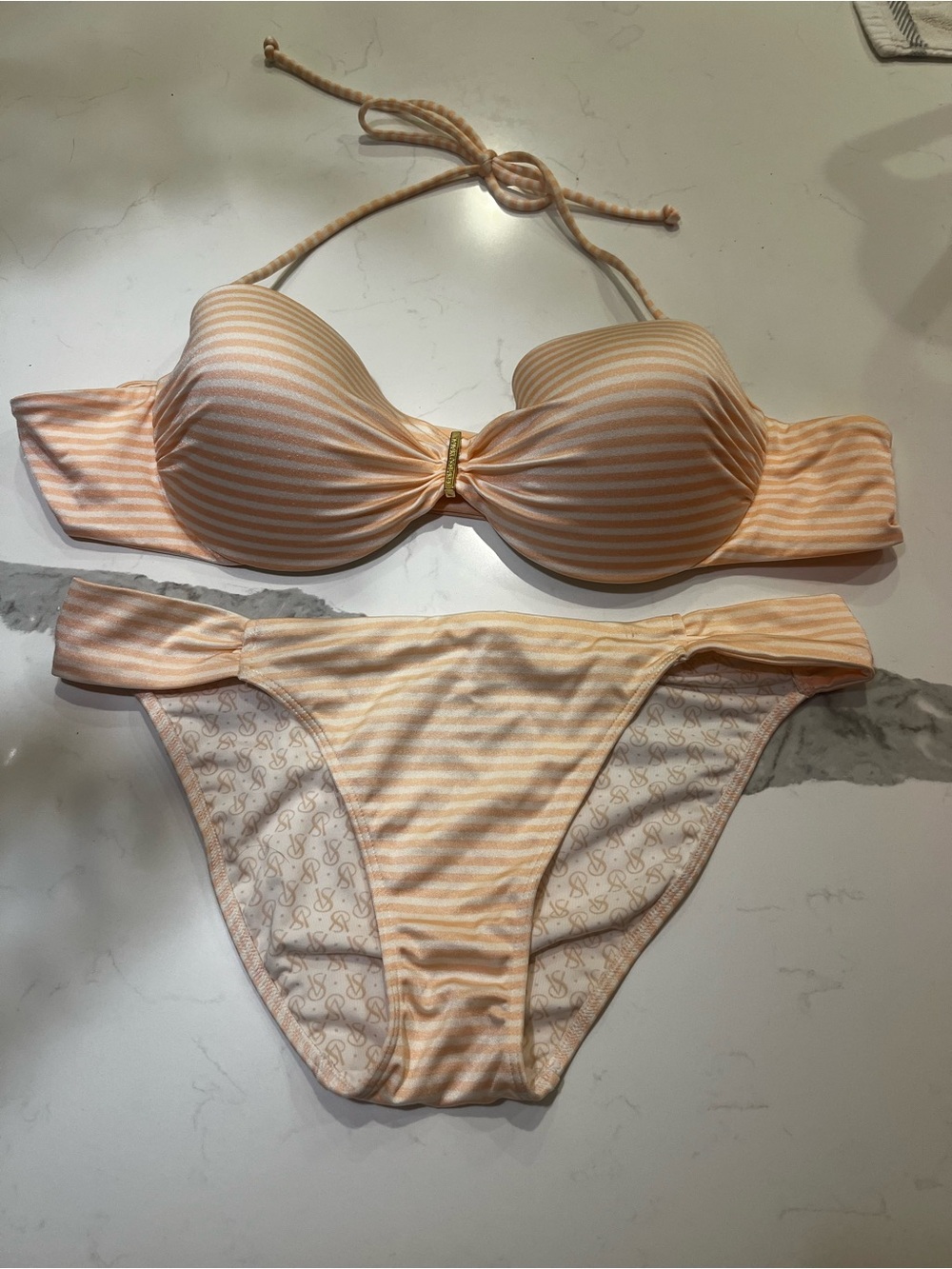 Victoria's Secret Peach and White Striped Bandeau Bikini